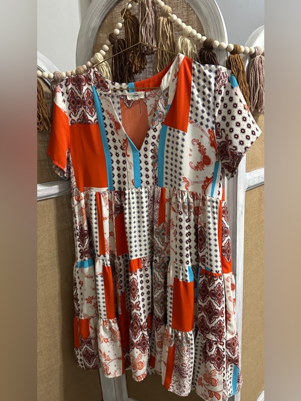entro Orange, Turquoise & White Patchwork Midi Dress